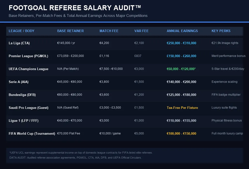 Football Referee Salaries Comparison: Premier League, La Liga, Champions League Infographic