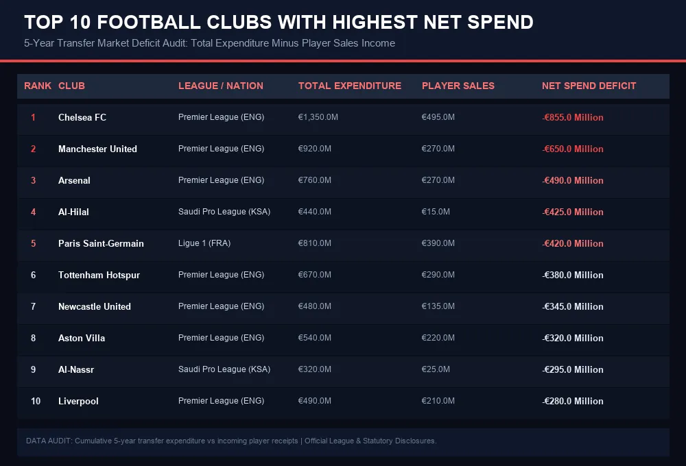 Top 10 Football Clubs with the Highest Net Spend Infographic